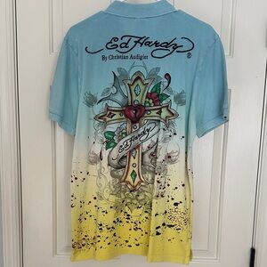 Ed Hardy Men's Blue and Yellow Graphic Shirt